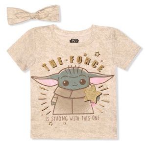 NEW Grogu “The Child” Oatmeal Color Tee and Bow Headband Set, Size 4